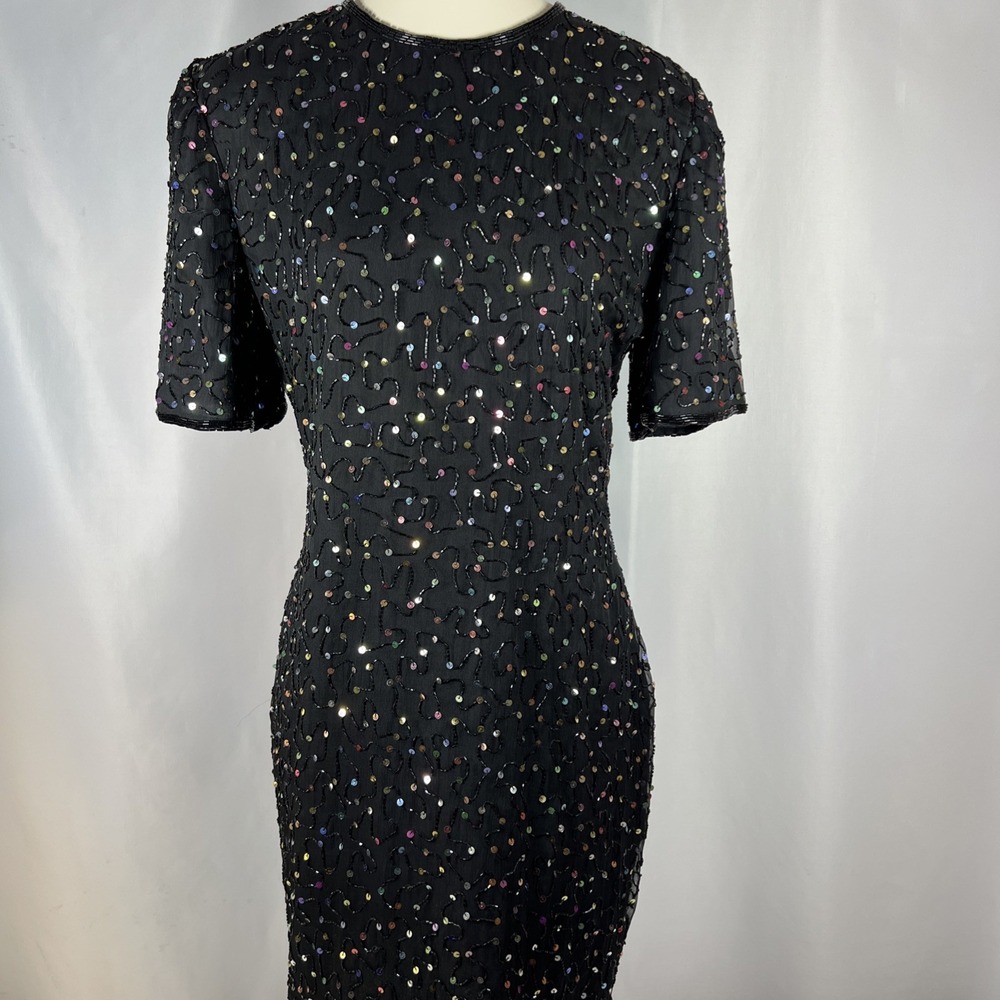 Laurence Kazar Vintage 100% Silk Hand Beaded‎ Sequined Dress Size Medium